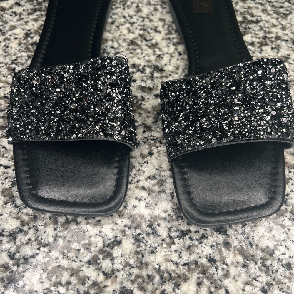 Elegant Black Glitter Slide Sandals